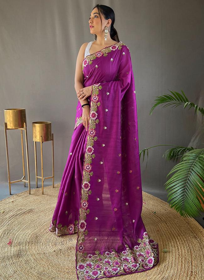 Matka Silk Purple Festival Wear Embroidery Work Saree